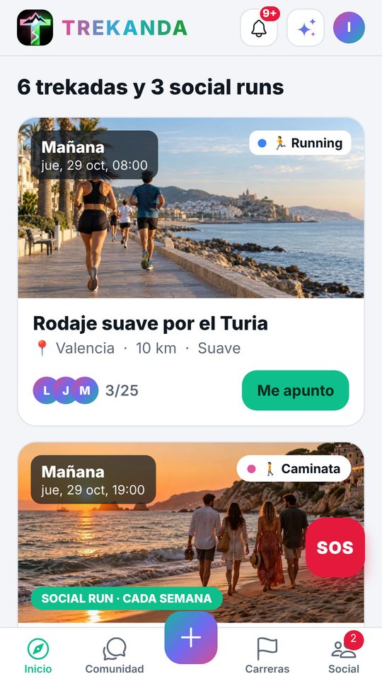 La pantalla de Inicio de Trekanda, con trekadas cerca